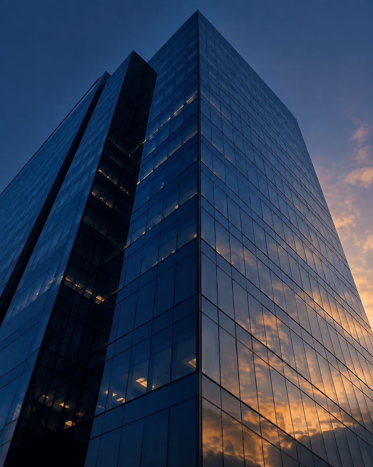 Torre corporativa de vidrio al atardecer, sede de empresas certificadas